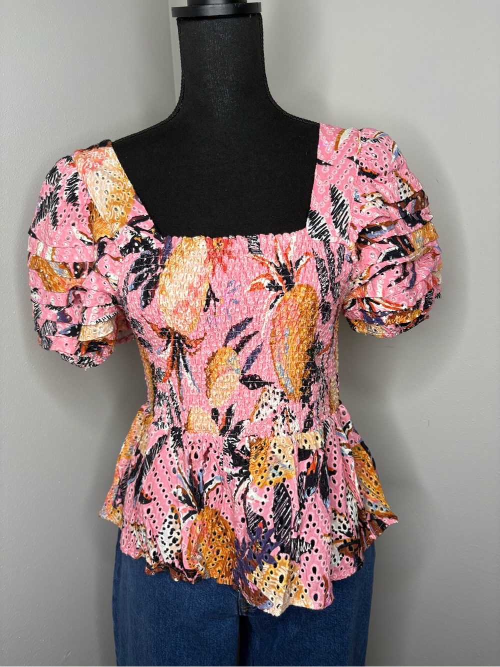 FARM Rio Pink Puff-Sleeve Smocked Peplum Top with Yellow Floral